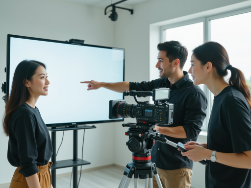 专业媒体团队工作场景，包含摄像设备、采访现场布置、媒体人员协作，明亮自然光线